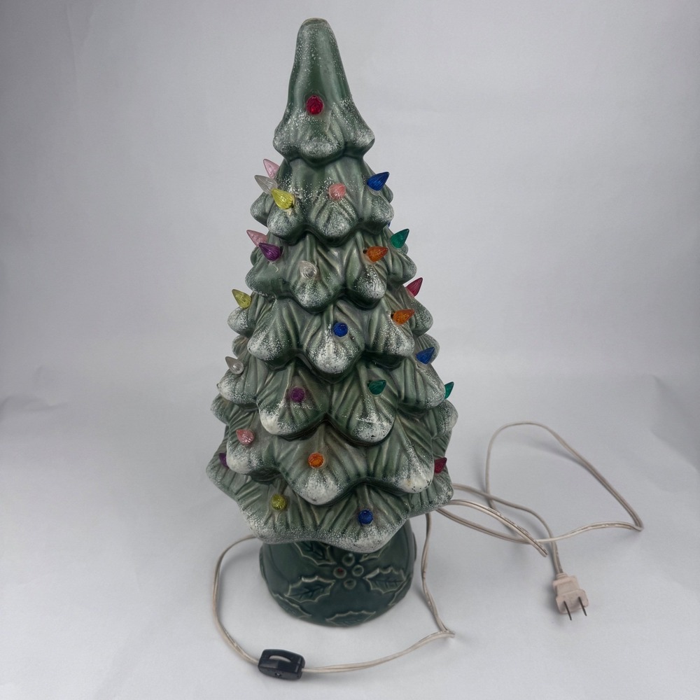 Vintage 17" Lighted Ceramic Christmas Tree w Holly Base Read Flaws missing star